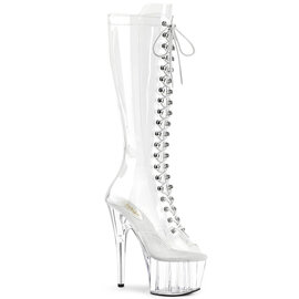 PLEASER PLEASER PEEP TOE KNEE HIGH LACE UP BOOT CLEAR