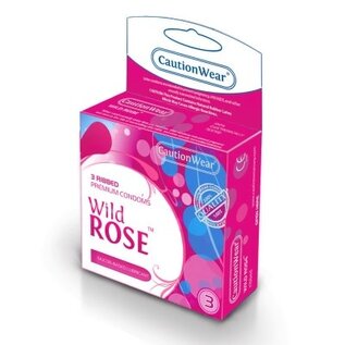 CAUTION WEAR WILD ROSE RIBBED LUBRICATED CONDOMS 3PK