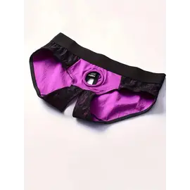 "O" HEAVENS CROTCHLESS HARNESS BRIEF LACE PURPLE/BLACK