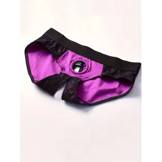 "O" HEAVENS CROTCHLESS HARNESS BRIEF LACE PURPLE/BLACK