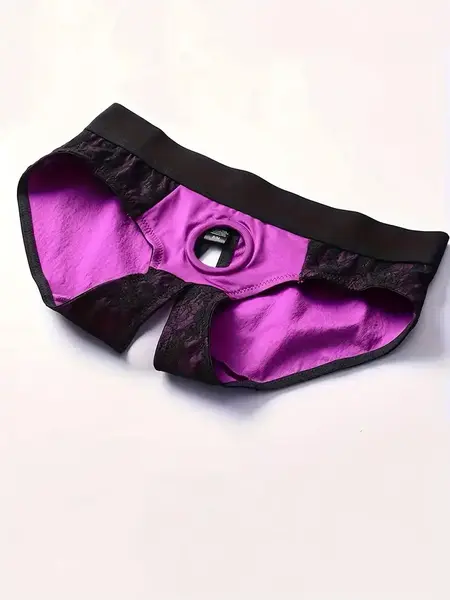 "O" HEAVENS CROTCHLESS HARNESS BRIEF LACE PURPLE/BLACK