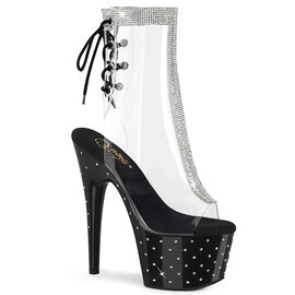 PLEASER PLEASER STARDUST RHINESTONE PEEP TOE ANKLE BOOT CLR/BLK CLEAR/BLK 8