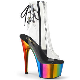 PLEASER PLEASER ADORE CHROME OPEN TOE LACE UP ANKLE BOOT W/SIDE ZIP RAINBOW/CLR 6