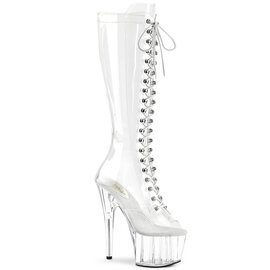 PLEASER PLEASER ADORE PEEP TOE KNEE HIGH LACE UP BOOT  CLEAR 7