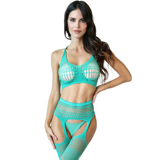 SAVAGE BODYSTOCKING BRALETTE & GARTER 2 PC GREEN ONE SIZE