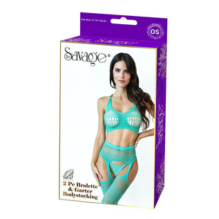 SAVAGE 20% OFF SAVAGE BRALETTE & GARTERED BODYSTOCKING 2 PIECE O/S GREEN