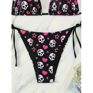 "OH" BIKINI PUNK SKULL PRINT SIDE TIE PINK/BLACK