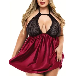 "O" HEAVENS "O" HEAVENS SILK BOTTOM & LACE TOP CHEMISE WITH THONG RED/BLACK