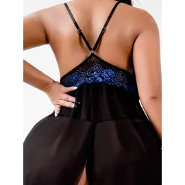 "O" HEAVENS "O" HEAVENS CHEMISE WITH THONG BLACK AND BLUE LACE