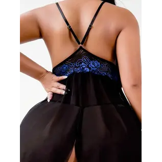 "O" HEAVENS "O" HEAVENS CHEMISE WITH THONG BLACK AND BLUE LACE