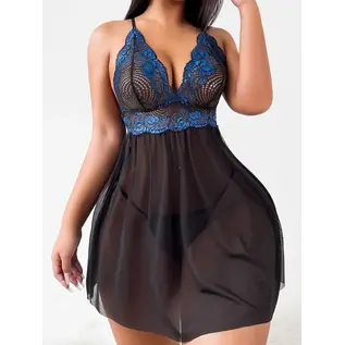"O" HEAVENS "O" HEAVENS CHEMISE WITH THONG BLACK AND BLUE LACE