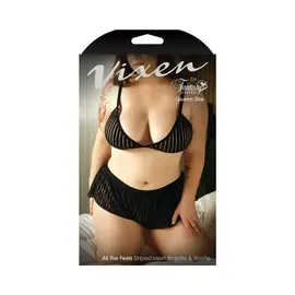 FANTASY LINGERIE FL VIXEN STRIPED MESH BRALETTE & SHORTS BLACK