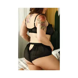 FANTASY LINGERIE FL VIXEN STRIPED MESH BRALETTE & SHORTS BLACK
