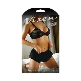 FANTASY LINGERIE FL VIXEN STRIPED MESH BRALETTE & SHORTS BLACK