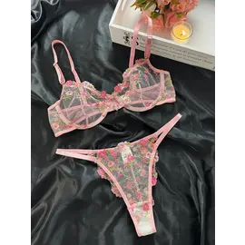 "O" HEAVENS BRA & PANTY SET "OH" LILY FLORAL LACE PINK