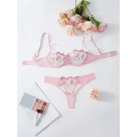 "OH" BRA & PANTY FLORAL LACE PINK SATIN