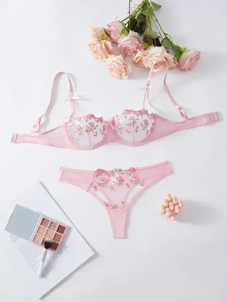 "O" HEAVENS BRA & PANTY FLORAL LACE PINK XL