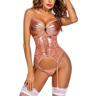 "O" HEAVENS "OH" GARTER SET LULU WET LOOK W/THONG