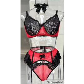 "O" HEAVENS "O" HEAVENS CALLIE  LACE GARTER SET BLACK & RED 4 PIECE