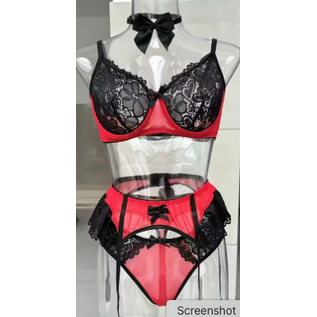 "O" HEAVENS "O" HEAVENS CALLIE  LACE GARTER SET BLACK & RED 4 PIECE