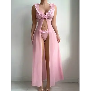 "O" HEAVENS "O" HEAVENS GOWN & PANTY SHEER FLORAL LACE PINK O/S