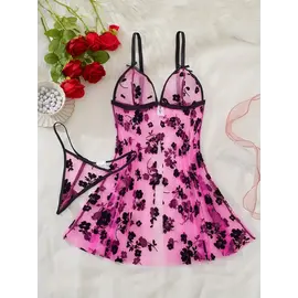 "OH" BABYDOLL & THONG FLORAL MESH PINK