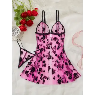 "O" HEAVENS OH BABYDOLL & THONG FLORAL MESH PINK
