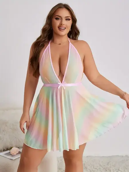 "O" HEAVENS BABYDOLL & THONG RAINBOW PASTEL