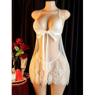 "O" HEAVENS BABYDOLL & THONG LACE WHITE ONE SIZE