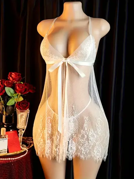"O" HEAVENS BABYDOLL & THONG LACE WHITE ONE SIZE