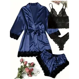 "O" HEAVENS "O" HEAVENS BRALETTE, SHORTS, ROBE SATIN AND LACE BLUE