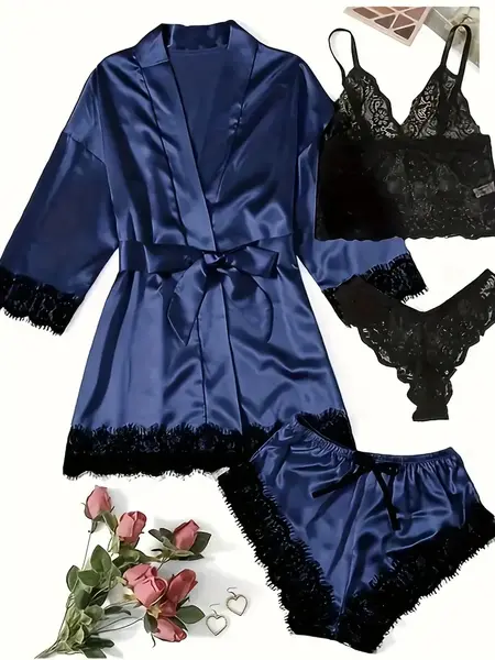 "O" HEAVENS BRALETTE SHORTS ROBE SATIN & LACE BLUE