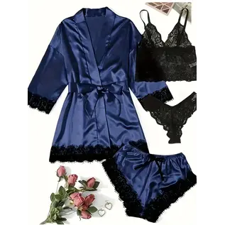 "O" HEAVENS BRALETTE SHORTS ROBE SATIN & LACE BLUE