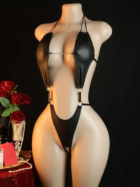 "O" HEAVENS TEDDY STRING BACK & CHAINS WET LOOK BLACK ONE SIZE