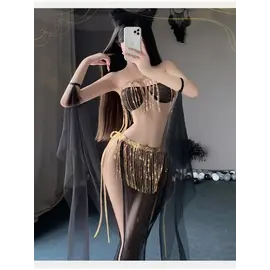 "OH" COSTUME BELLY DANCER OUTFIT BLACK AND GOLD SET O/S
