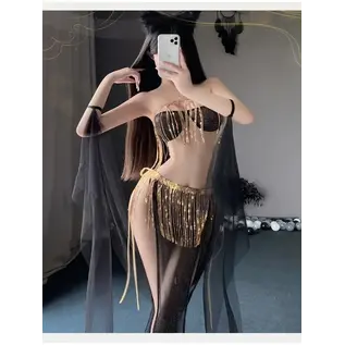 "OH" COSTUME BELLY DANCER OUTFIT BLACK AND GOLD SET O/S