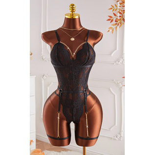 "O" HEAVENS "O" HEAVENS BODYSUIT WITH GOLD CHAINS AND CHAINED GARTER BLACK