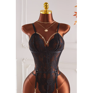 "O" HEAVENS "O" HEAVENS BODYSUIT WITH GOLD CHAINS AND CHAINED GARTER BLACK