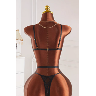 "O" HEAVENS "O" HEAVENS BODYSUIT WITH GOLD CHAINS AND CHAINED GARTER BLACK