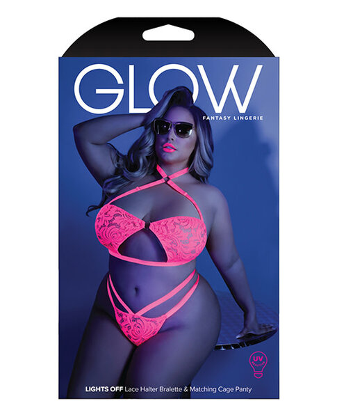 FANTASY LINGERIE GLOW BANDEAU HALTER & PANTY NEON PINK PLUS SIZE