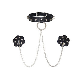 NEVA NUDE LEATHER CHAIN, COLLAR & NIPPLE SLAVE SET BLACK