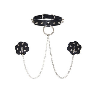 NEVA NUDE COLLAR & NIPPLE COVERS SLAVE SET BLACK