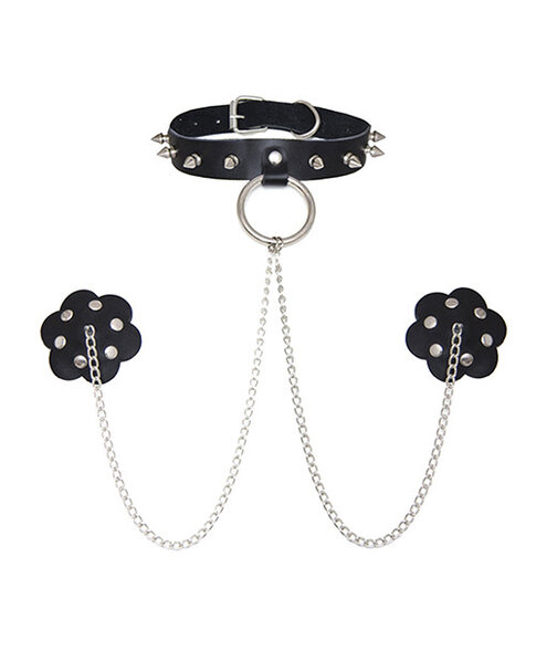 NEVA NUDE COLLAR & NIPPLE COVERS SLAVE SET BLACK