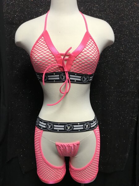 HOT GIRL TOP THONG & CHAPS NET SET PINK