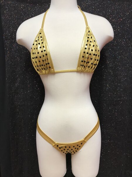 MINOR CREATIONS BRA & THONG FUNDAZZLE BLACK RHINESTONE GOLD ONE SIZE