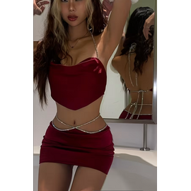 "OH" HALTER TOP & SKIRT HIGH WAIST SET WINE SMALL
