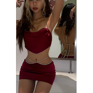 "O" HEAVENS HALTER TOP & HIGH WAIST SKIRT SET WINE SM