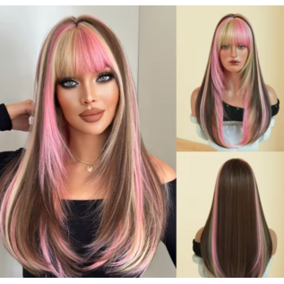 WIG LAYERED LONG PINK & BLONDE HIGHLIGHTS 26"
