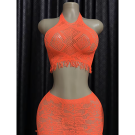 "OH" HALTER & SKIRT SET FRINGED ORANGE O/S