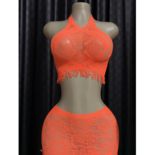 "OH" HALTER & SKIRT SET FRINGED ORANGE O/S
